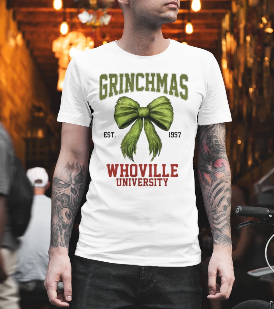 Grinchmas Whoville University Est 1957 Green Bow Emblem T-Shirt