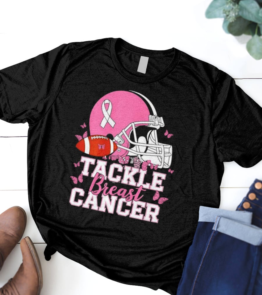 Tackle Breast Cancer Awareness Pink Football Helmet Ribbon Butterflies T-Shirt