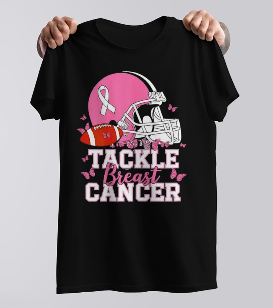 Tackle Breast Cancer Awareness Pink Football Helmet Ribbon Butterflies T-Shirt