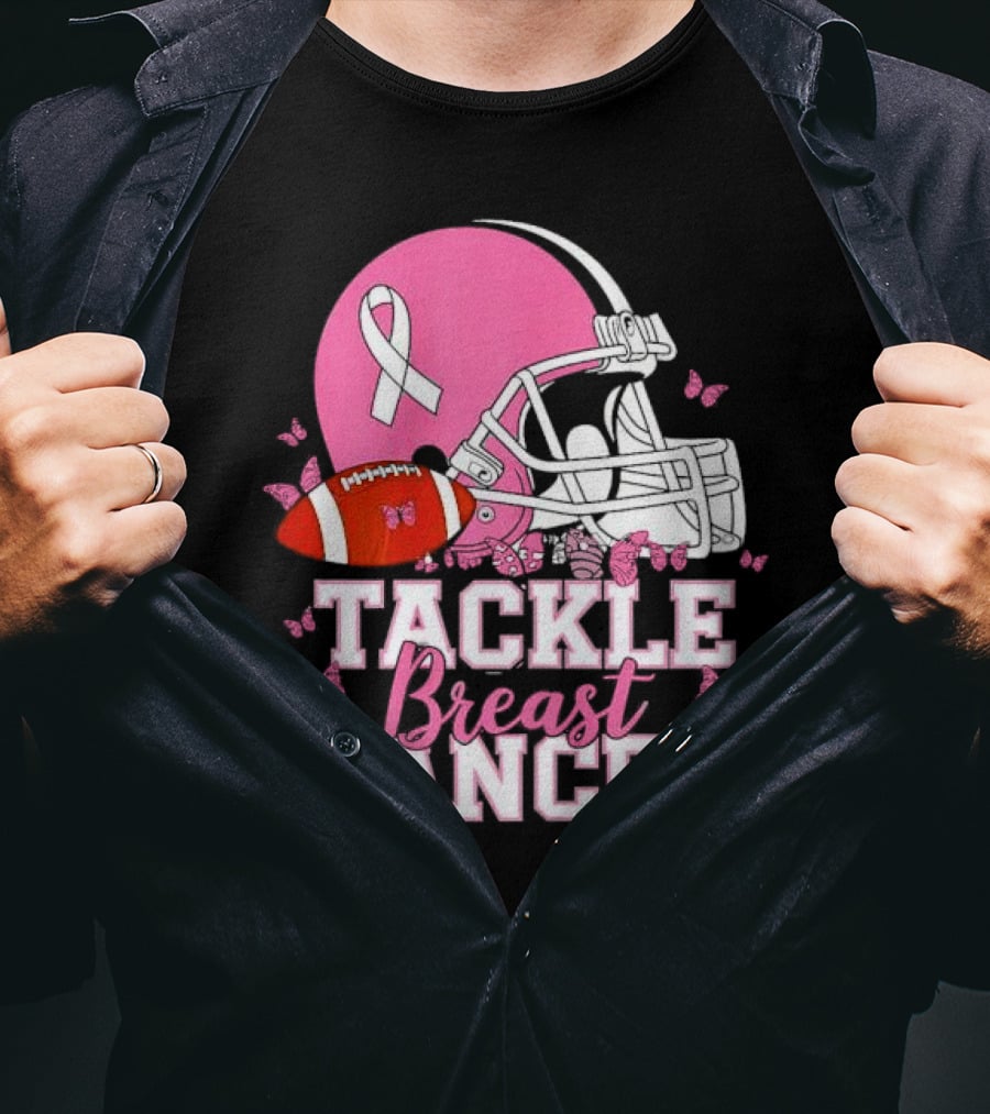 Tackle Breast Cancer Awareness Pink Football Helmet Ribbon Butterflies T-Shirt