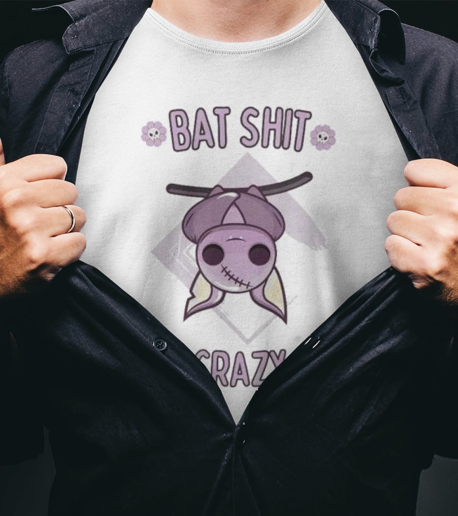 Bat Shit Crazy Purple Bat Hanging Upside Down With Flowers T-Shirt