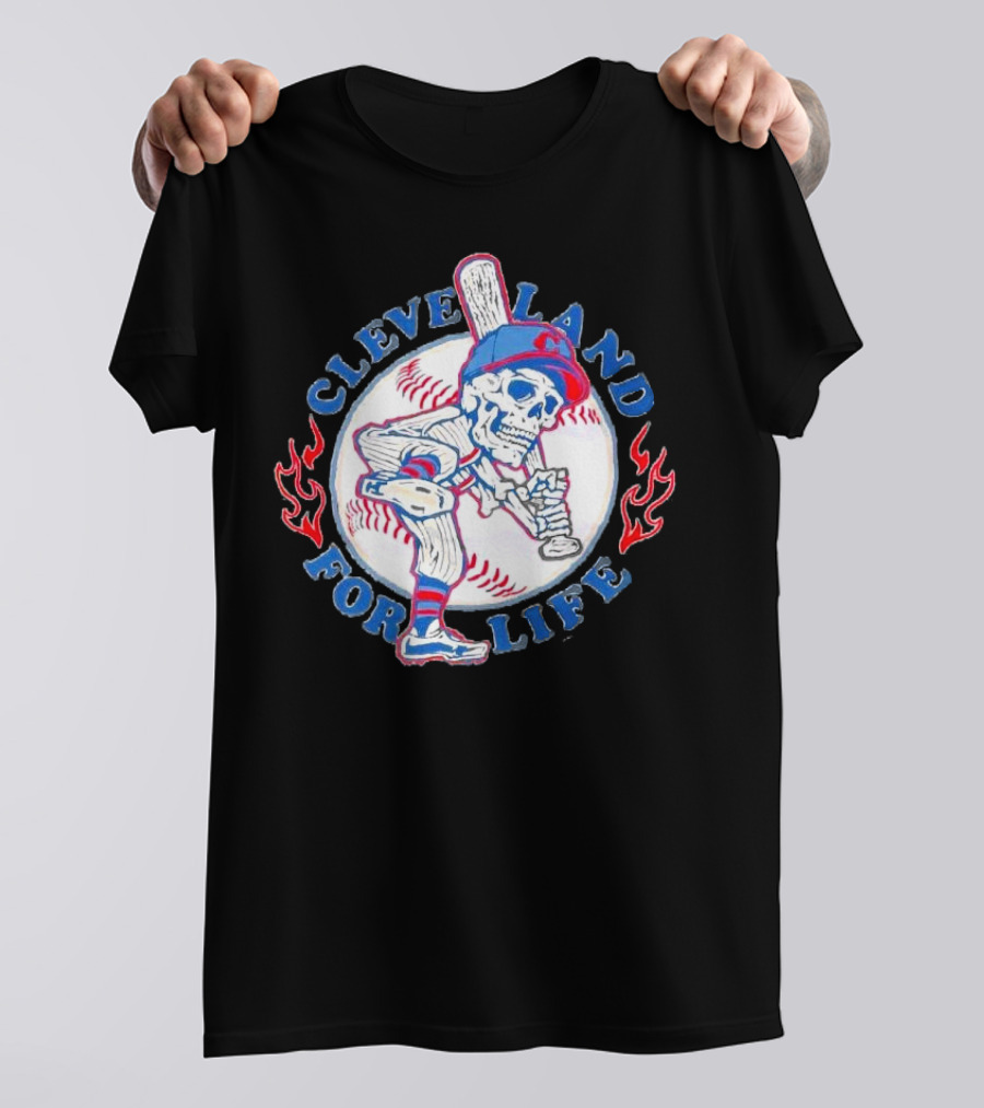 Cleveland Guardians For Life Skeleton Baseball Player Flames T-Shirt