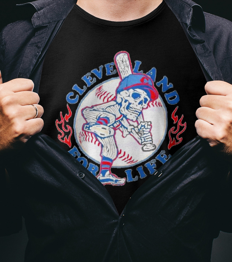 Cleveland Guardians For Life Skeleton Baseball Player Flames T-Shirt