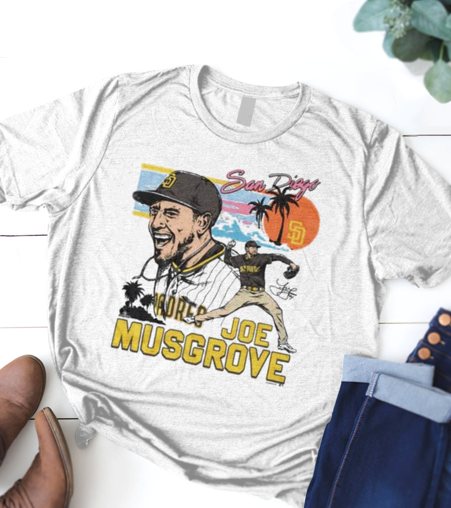 Joe Musgrove San Diego Padres Sunset Palm Trees Signature Caricature T-Shirt