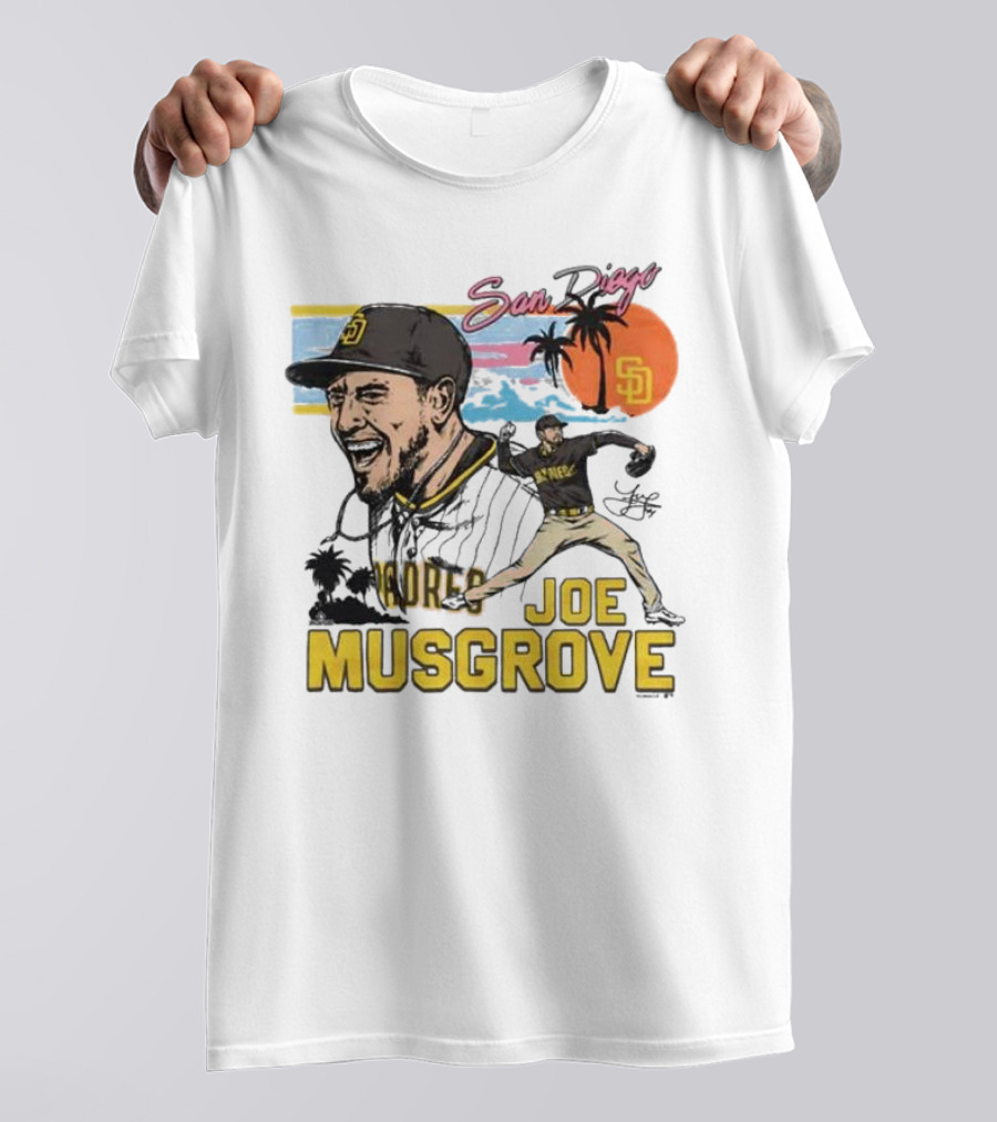 Joe Musgrove San Diego Padres Sunset Palm Trees Signature Caricature T-Shirt