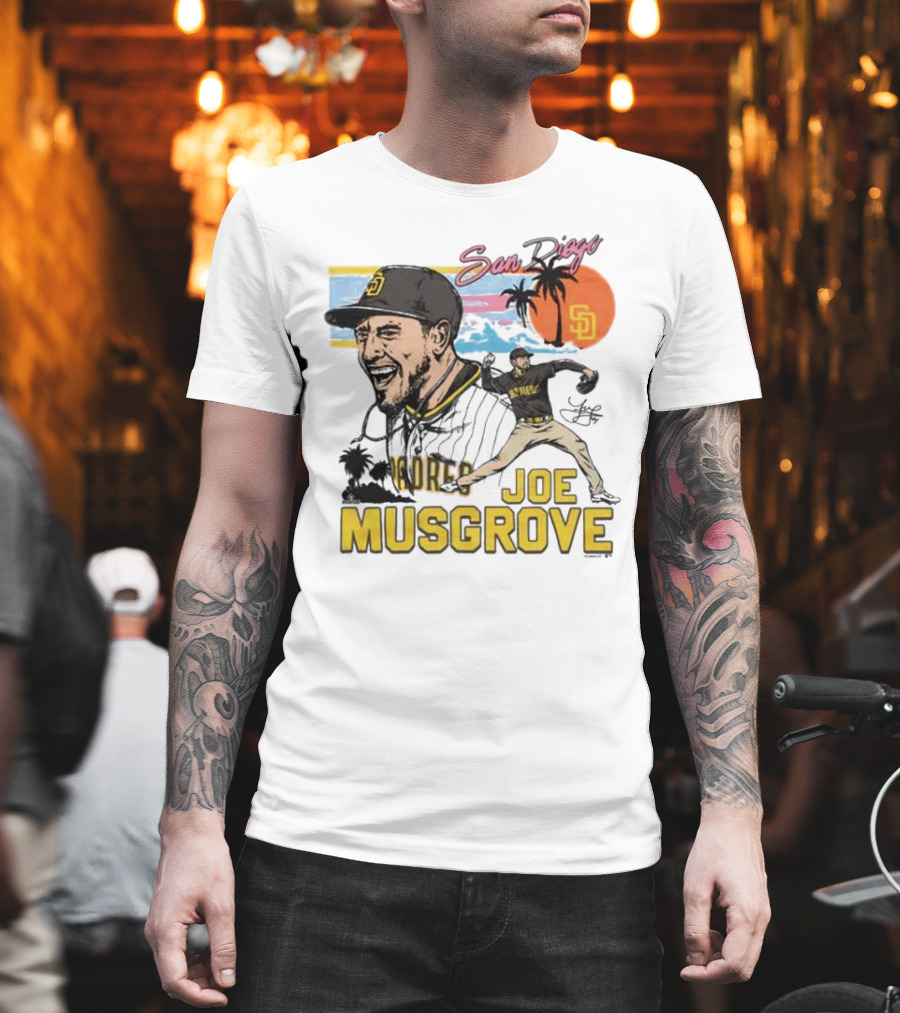 Joe Musgrove San Diego Padres Sunset Palm Trees Signature Caricature T-Shirt