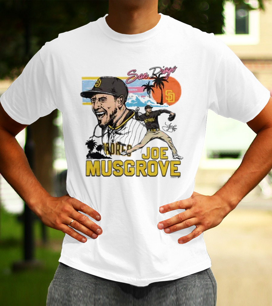 Joe Musgrove San Diego Padres Sunset Palm Trees Signature Caricature T-Shirt