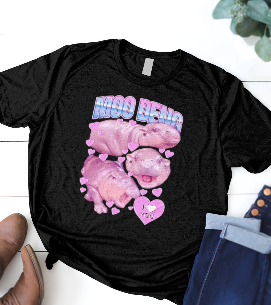 Moo Deng I Love You Pink Hippo Hearts T-Shirt
