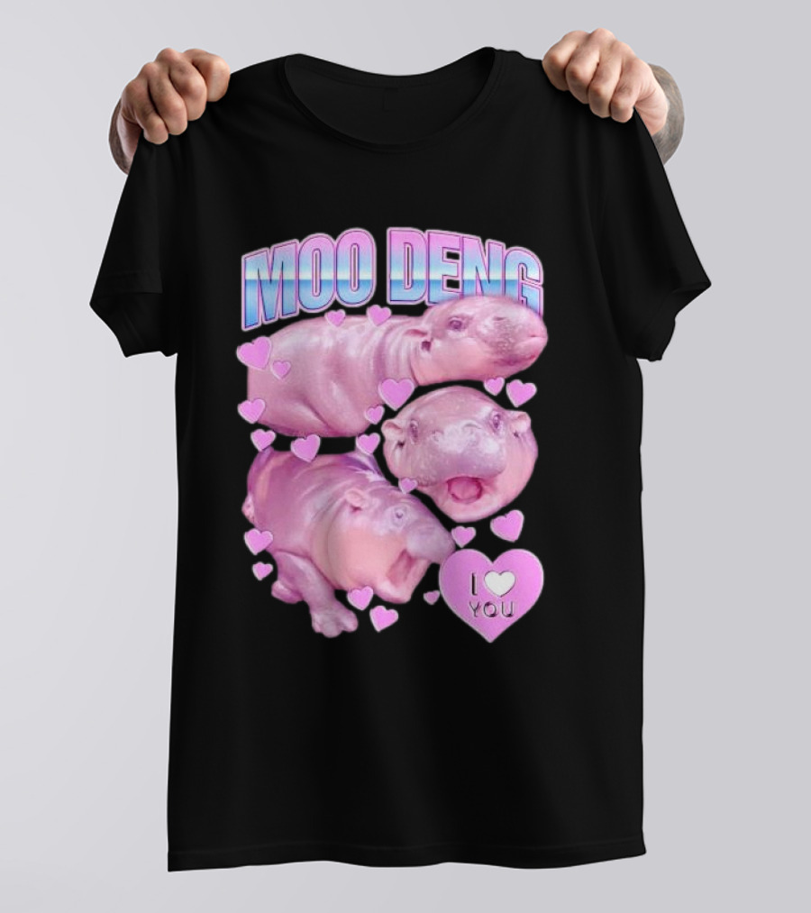 Moo Deng I Love You Pink Hippo Hearts T-Shirt