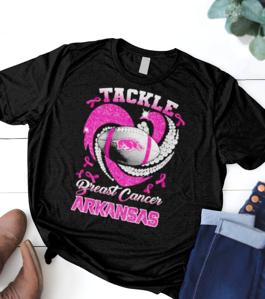 Arkansas Razorbacks Tackle Breast Cancer Pink Ribbon Heart Football T-Shirt