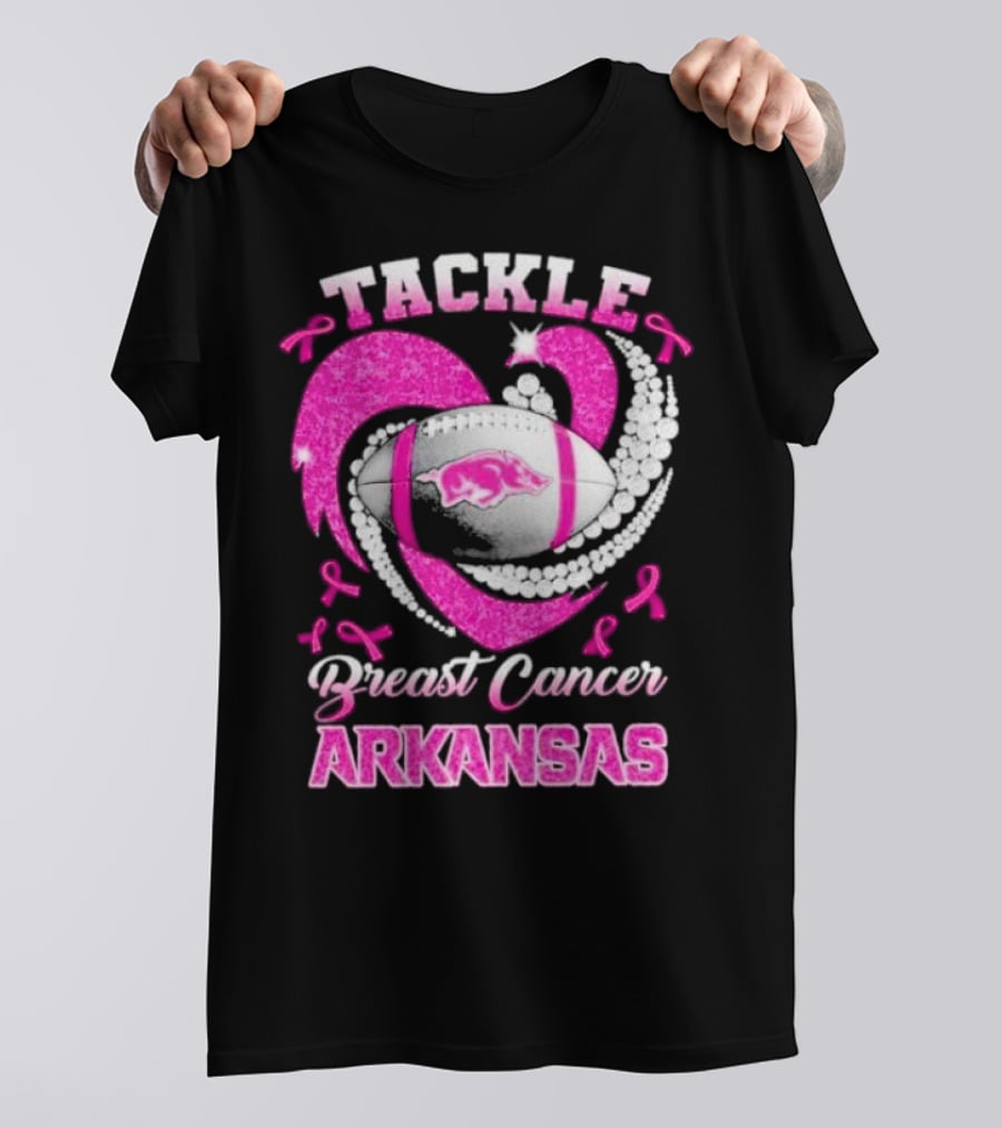 Arkansas Razorbacks Tackle Breast Cancer Pink Ribbon Heart Football T-Shirt