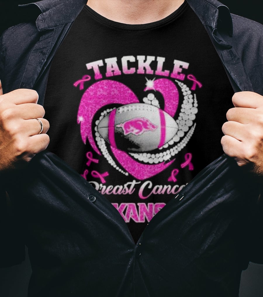 Arkansas Razorbacks Tackle Breast Cancer Pink Ribbon Heart Football T-Shirt