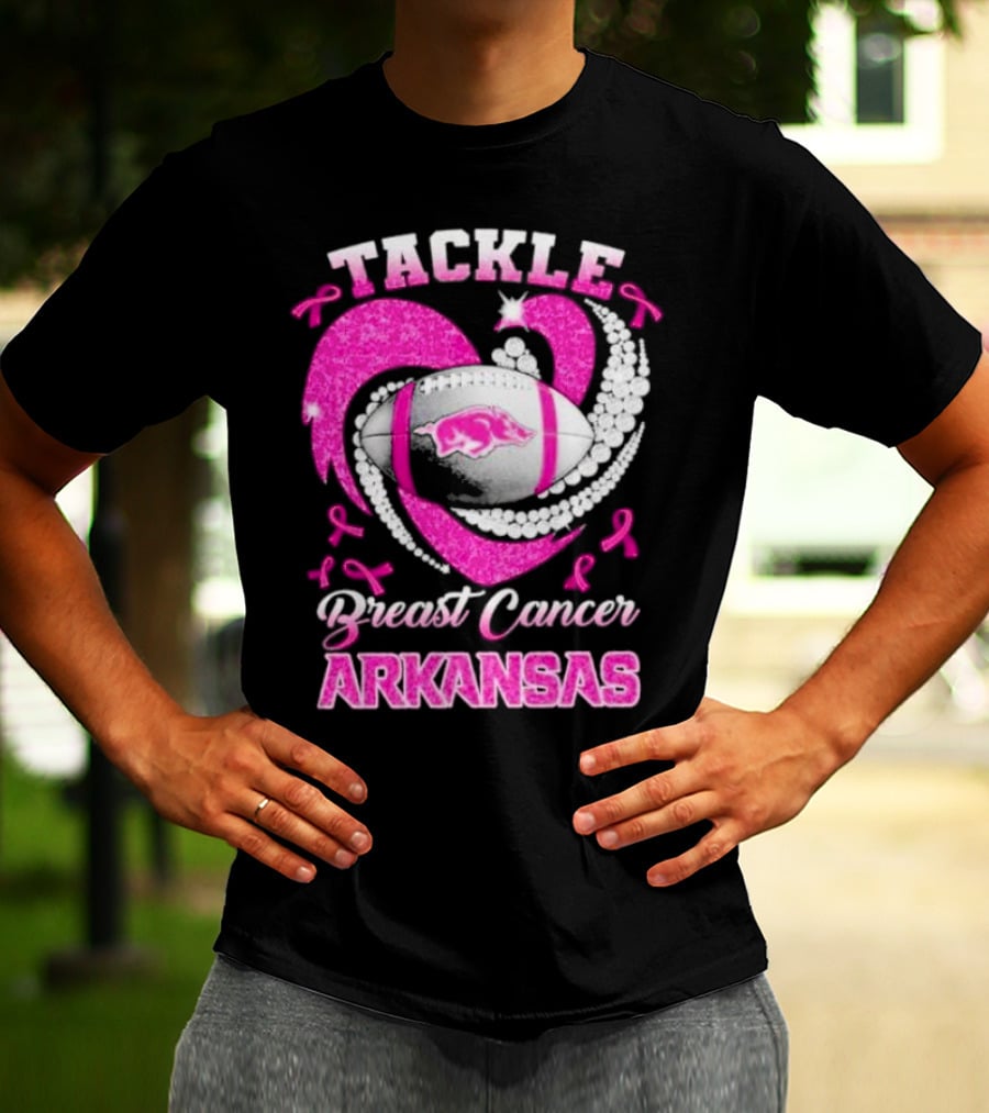 Arkansas Razorbacks Tackle Breast Cancer Pink Ribbon Heart Football T-Shirt