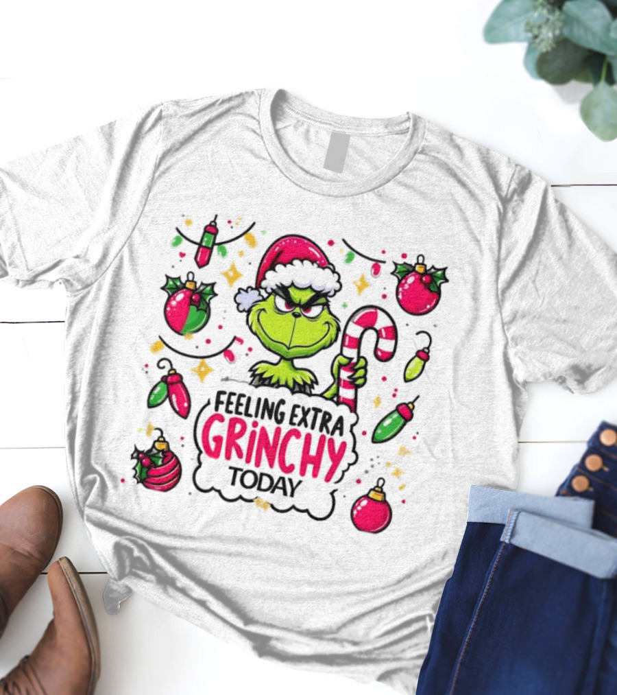 Feeling Extra Grinchy Today Christmas Grinch Santa Hat Candy Cane Ornaments T-Shirt