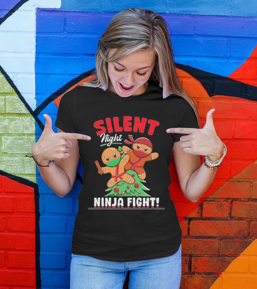 Silent Night Ninja Fight Gingerbread Christmas T-Shirt