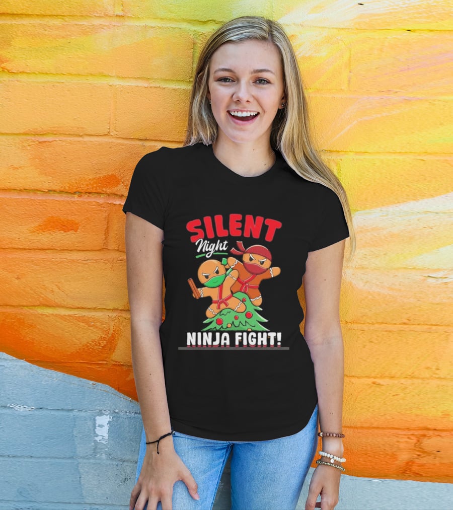 Silent Night Ninja Fight Gingerbread Christmas T-Shirt