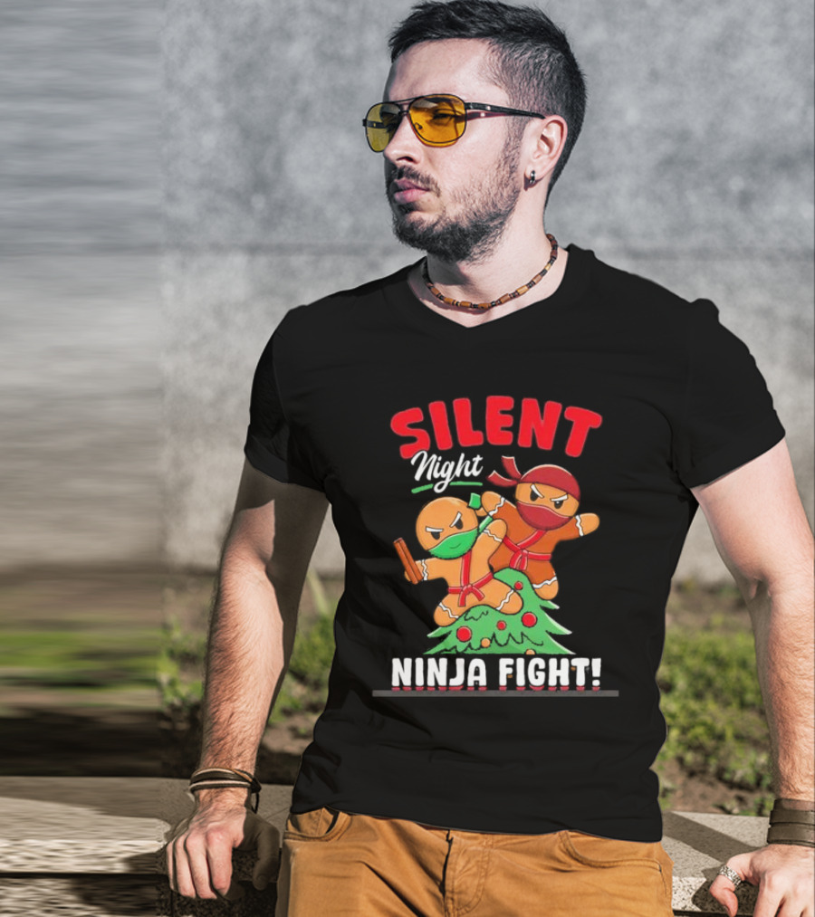 Silent Night Ninja Fight Gingerbread Christmas T-Shirt
