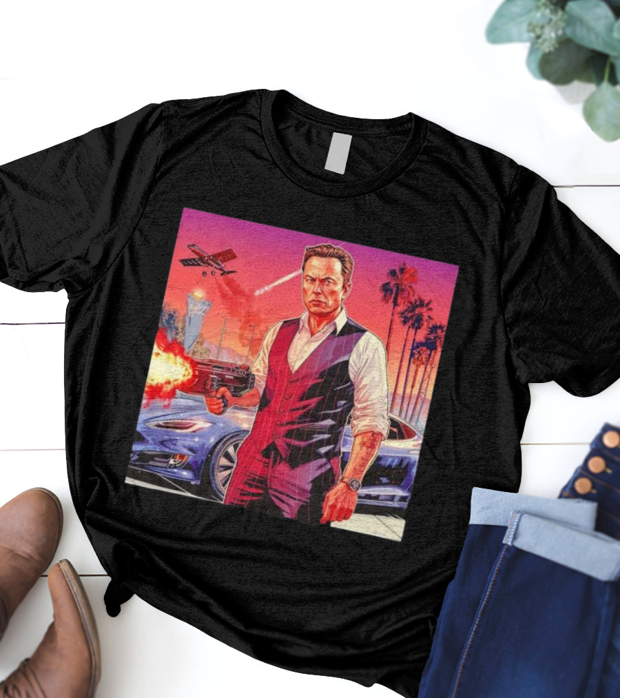 Grand Theft Auto Elon Musk Sunset Shootout With Palm Trees And Jetstream T-Shirt