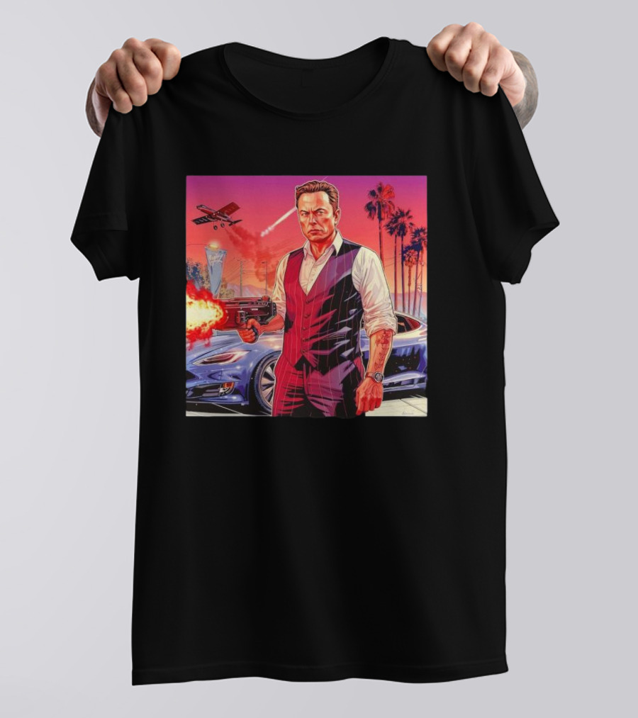 Grand Theft Auto Elon Musk Sunset Shootout With Palm Trees And Jetstream T-Shirt
