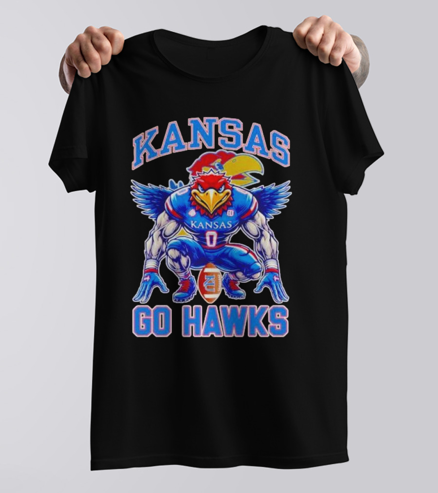 Kansas Jayhawks Go Hawks Fierce Mascot Football T-Shirt