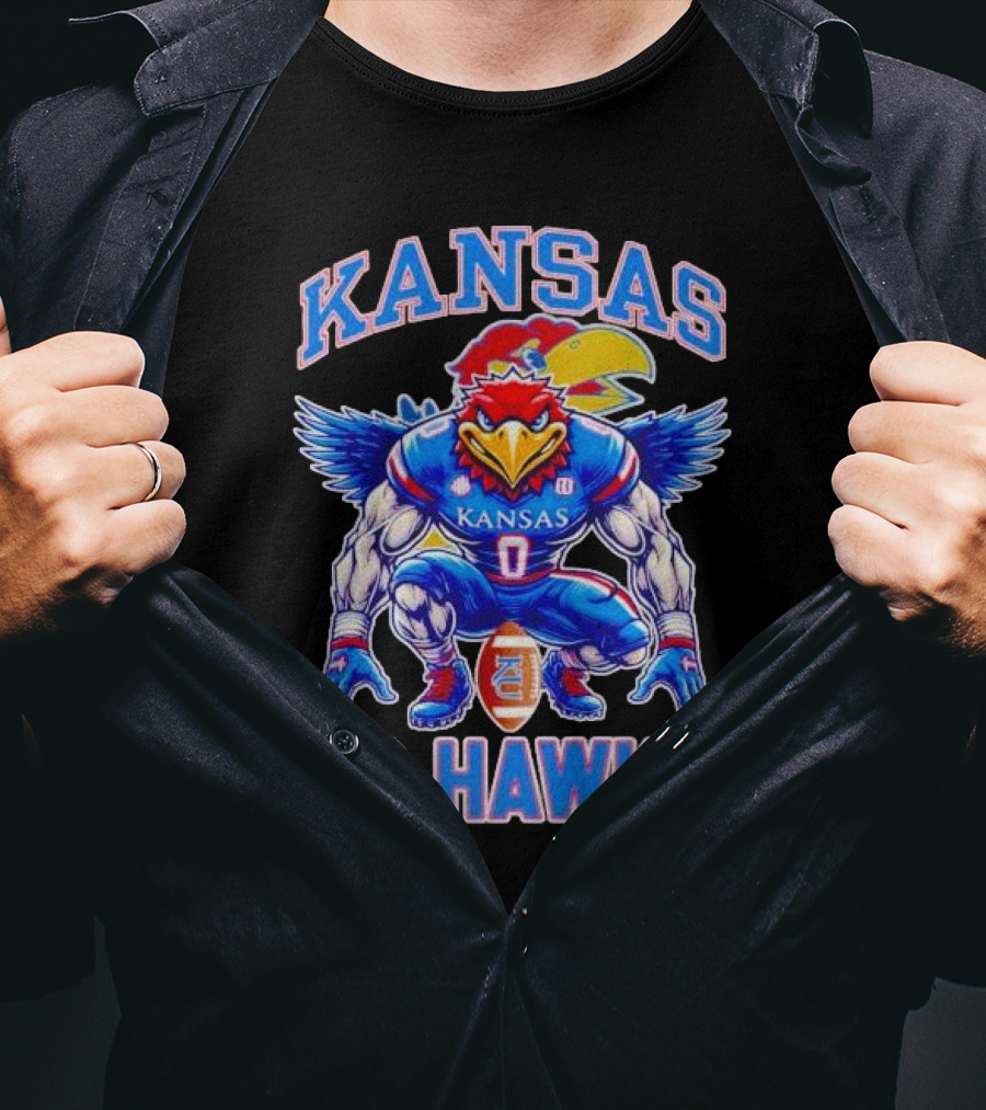 Kansas Jayhawks Go Hawks Fierce Mascot Football T-Shirt