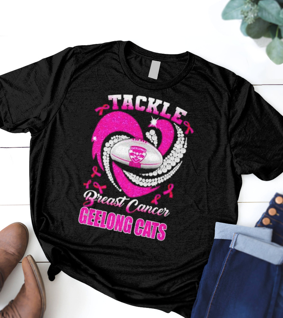 Tackle Breast Cancer Geelong Cats Pink Ribbon Football Heart T-Shirt