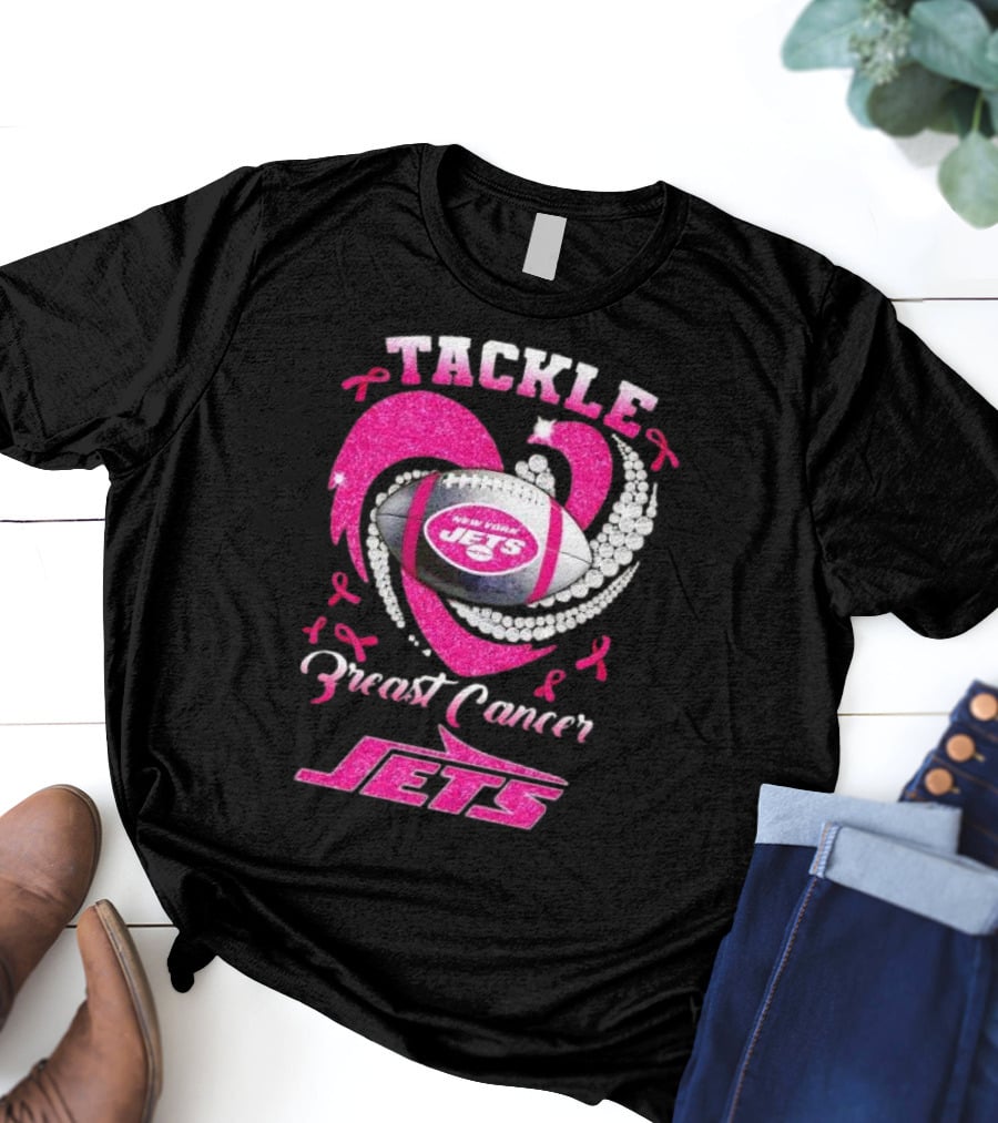 Tackle Breast Cancer New York Jets Football Heart Pink Ribbons T-Shirt