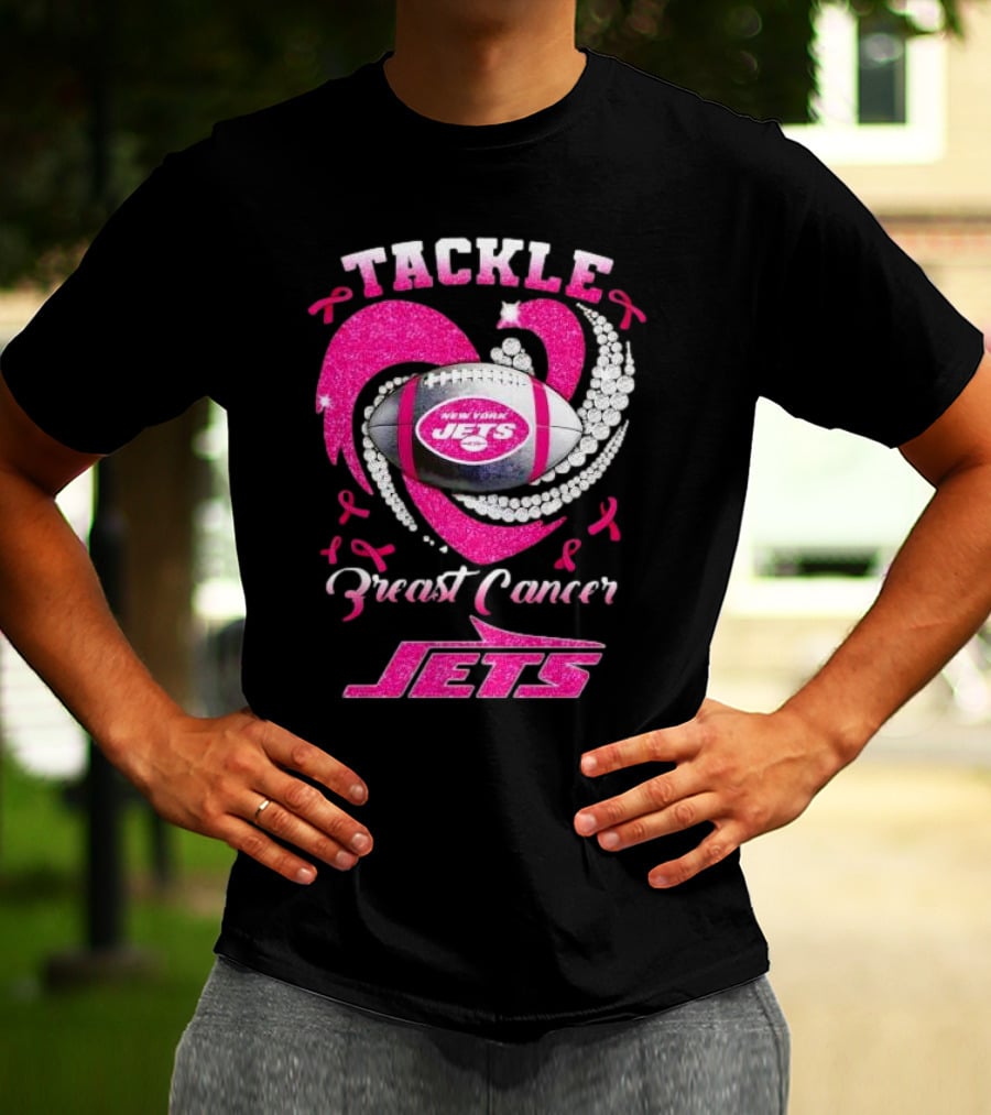 Tackle Breast Cancer New York Jets Football Heart Pink Ribbons T-Shirt