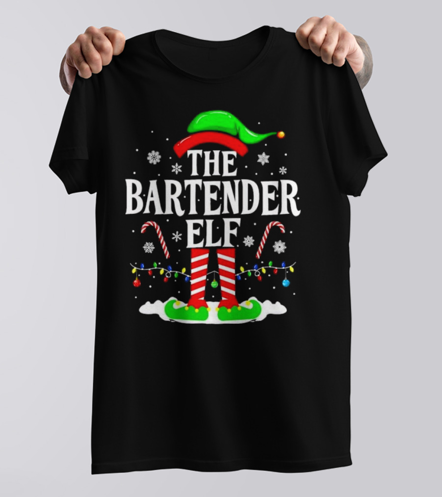 The Bartender Elf Christmas Candy Canes Festive Lights And Snowflakes T-Shirt