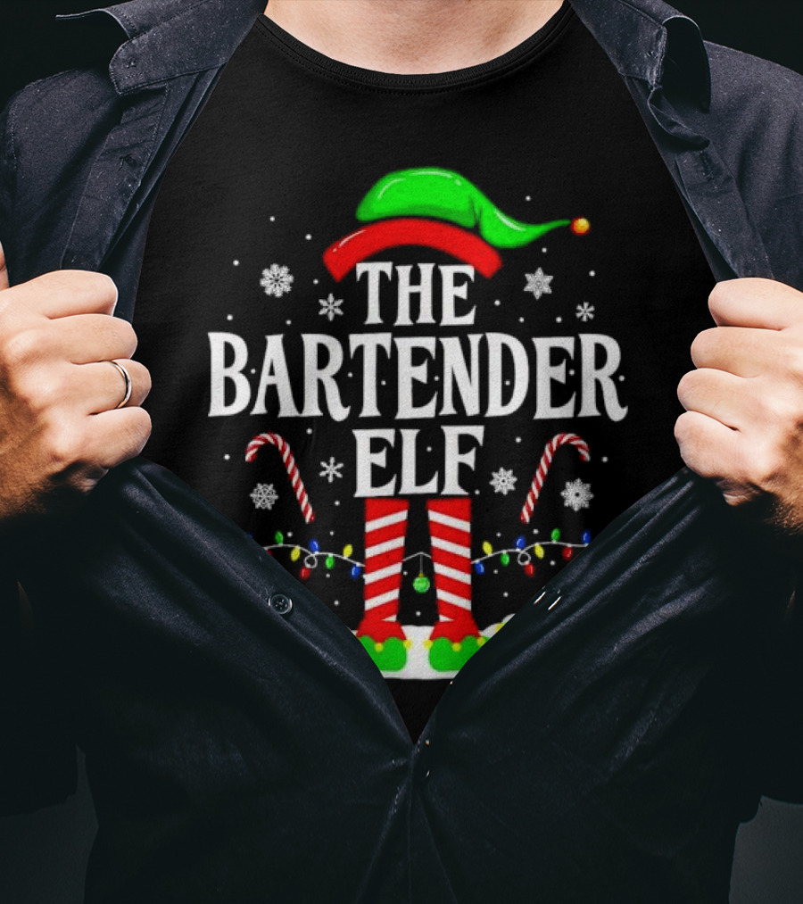 The Bartender Elf Christmas Candy Canes Festive Lights And Snowflakes T-Shirt