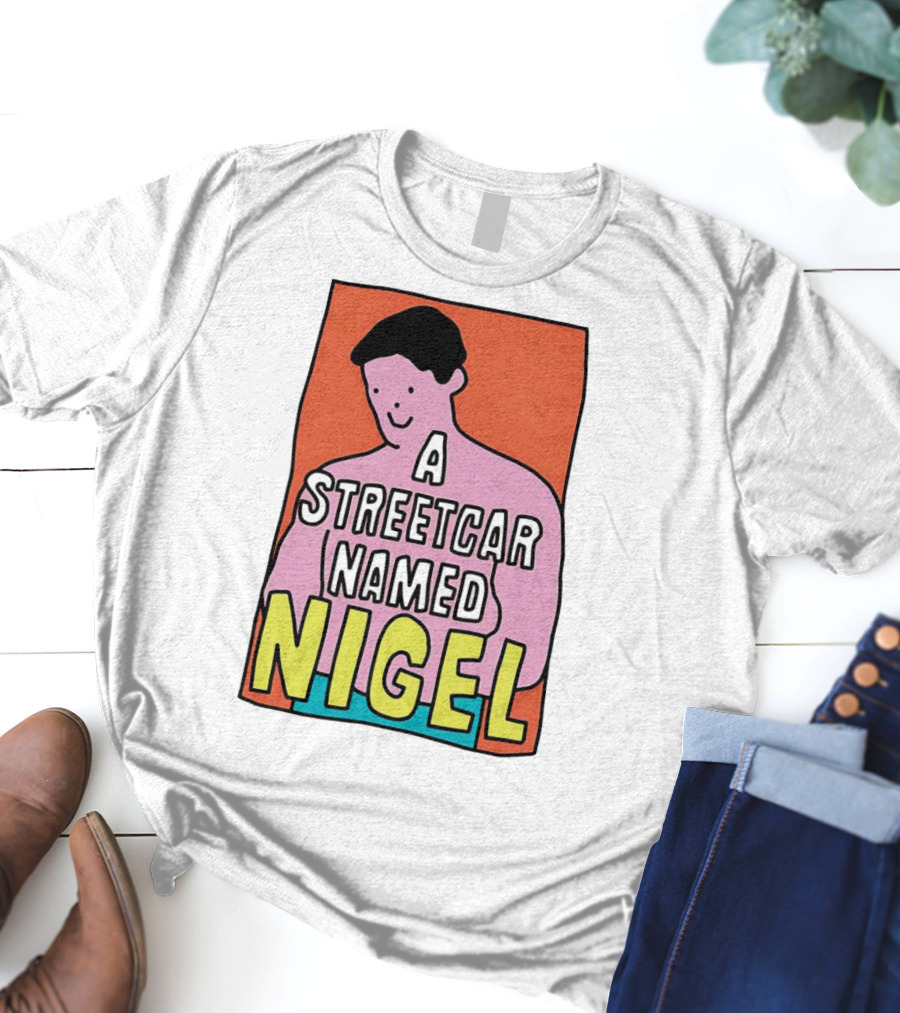 A Streetcar Named Nigel Pink Cartoon Character With Orange Background T-Shirt
