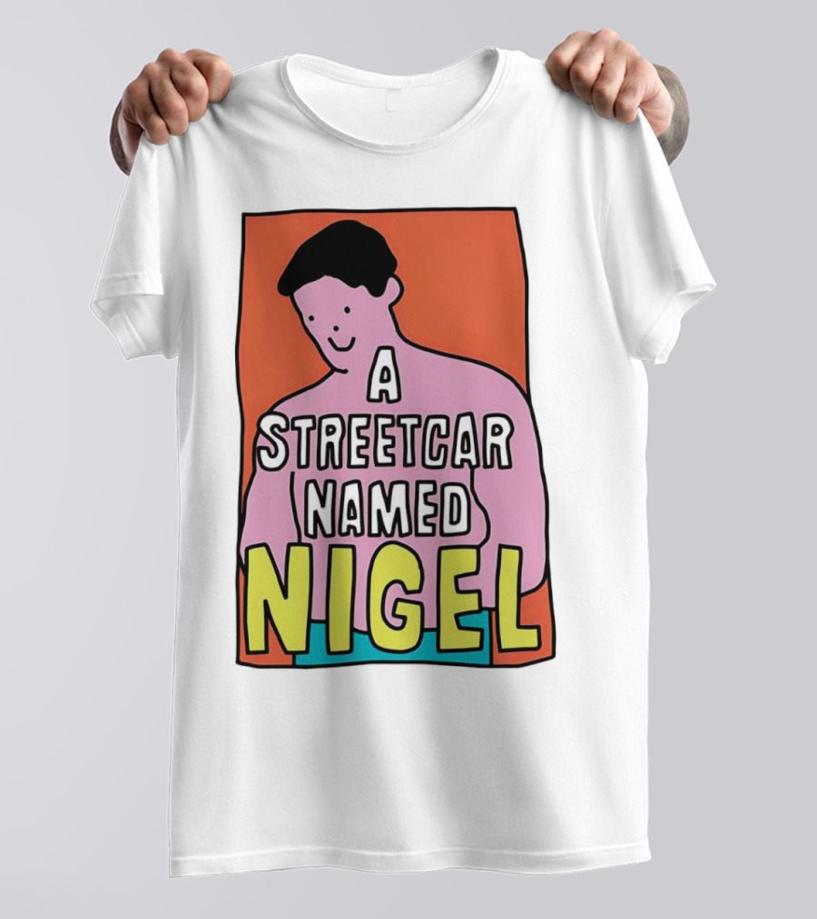 A Streetcar Named Nigel Pink Cartoon Character With Orange Background T-Shirt