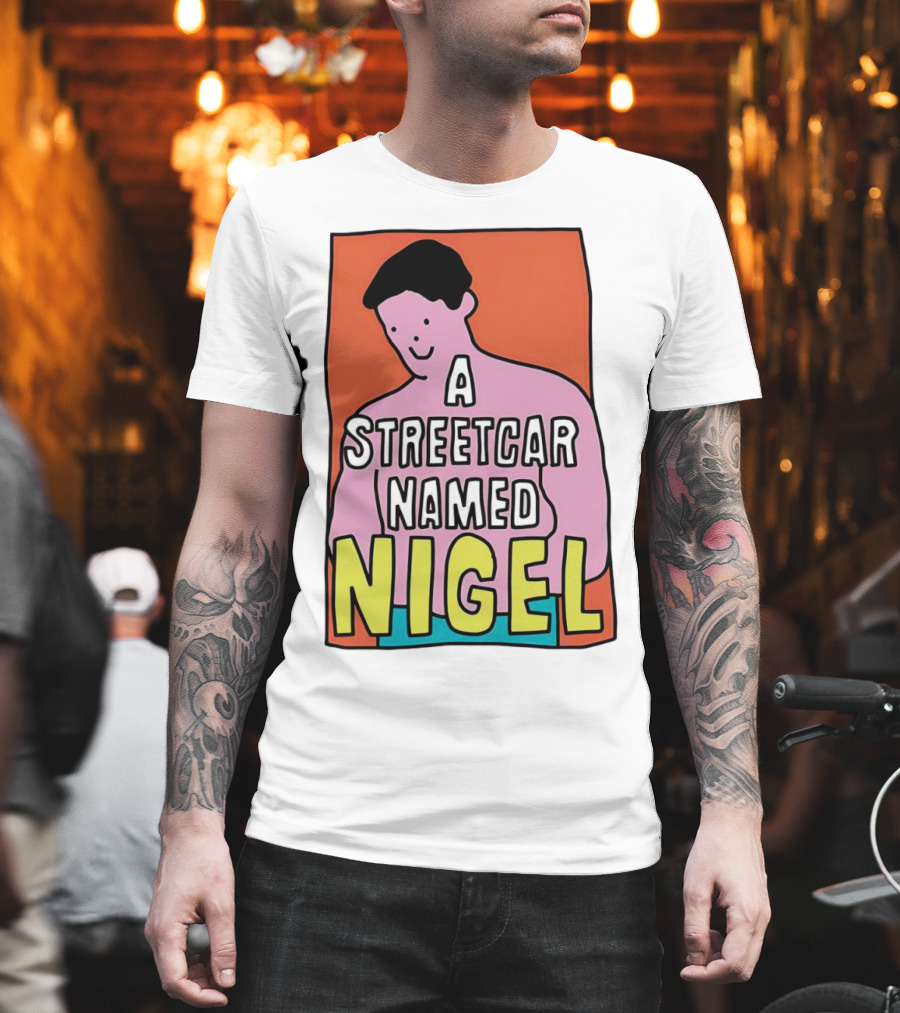 A Streetcar Named Nigel Pink Cartoon Character With Orange Background T-Shirt