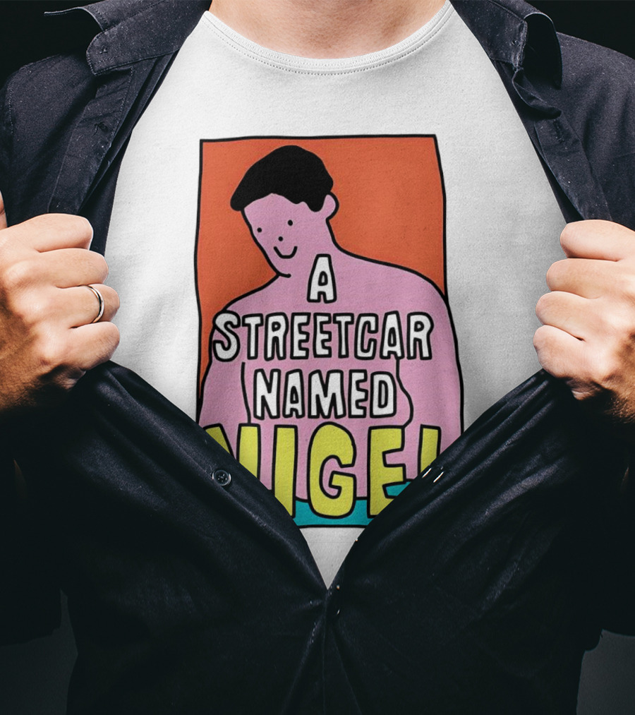 A Streetcar Named Nigel Pink Cartoon Character With Orange Background T-Shirt