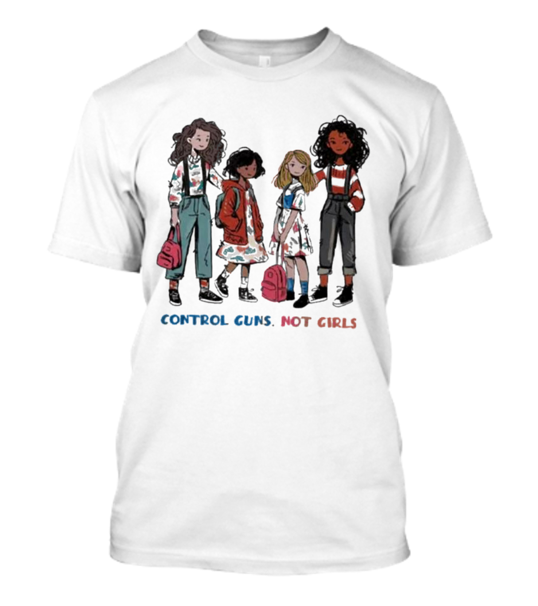 CONTROL GUNS NOT GIRLS WITH FOUR DIVERSE GIRLS HOLDING BACKPACKS T-Shirt