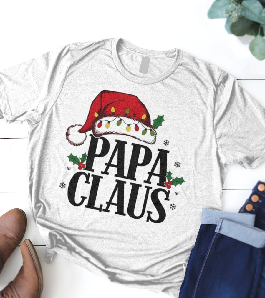 Papa Claus Christmas Santa Hat Holly Lights Snowflakes T-Shirt