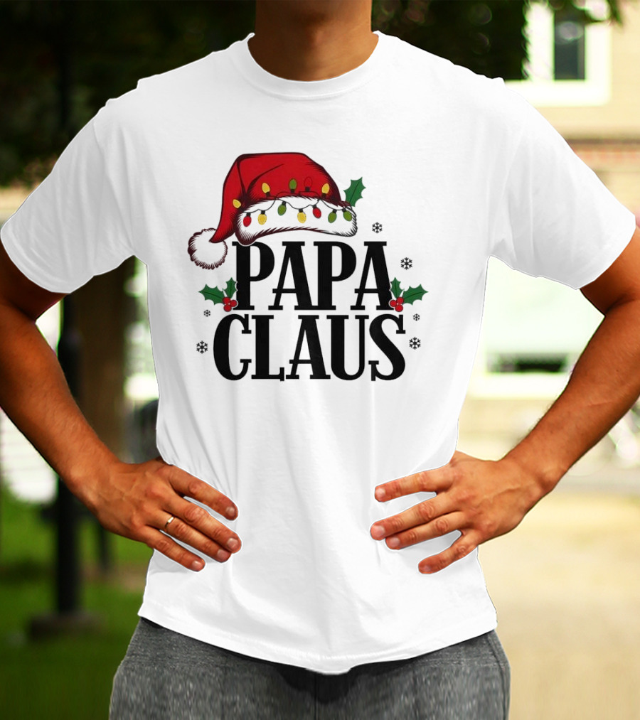 Papa Claus Christmas Santa Hat Holly Lights Snowflakes T-Shirt