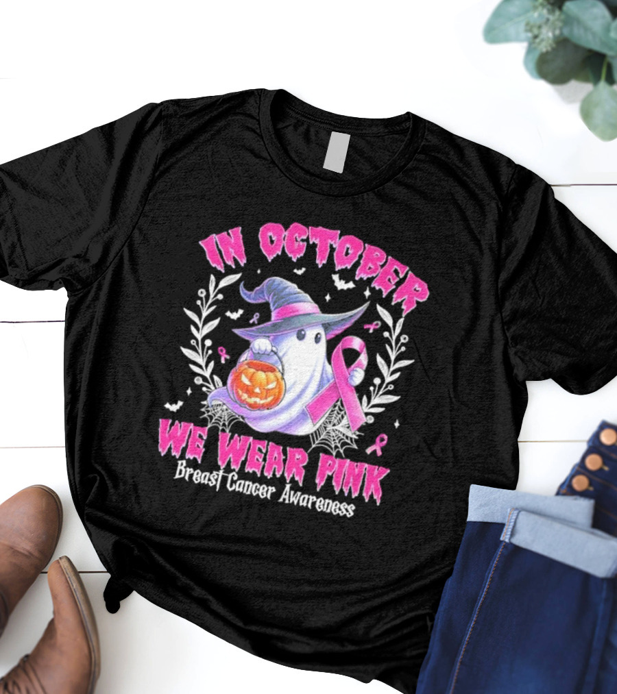 In October We Wear Pink Breast Cancer Awareness Ghost With Pumpkin And Witch Hat T-Shirt