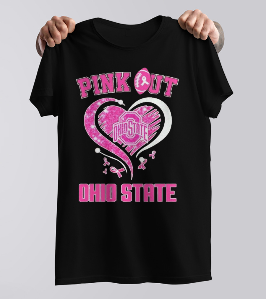 Ohio State Pink Out Breast Cancer Heart Football T-Shirt