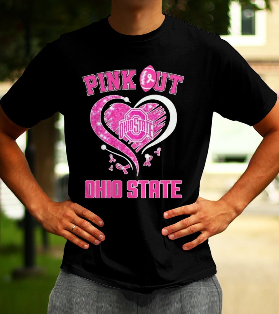 Ohio State Pink Out Breast Cancer Heart Football T-Shirt