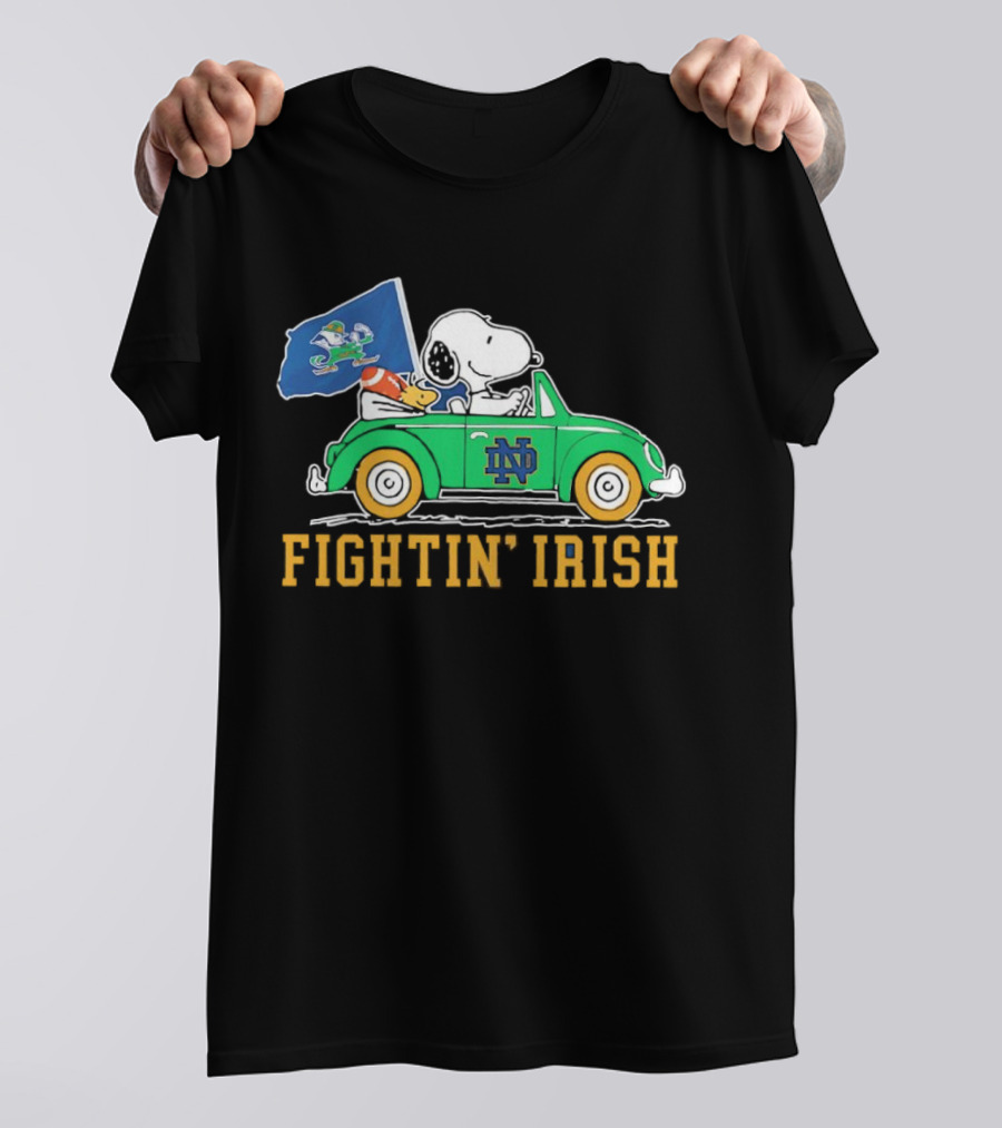 Snoopy And Woodstock Driving ND Car Fightin' Irish T-Shirt
