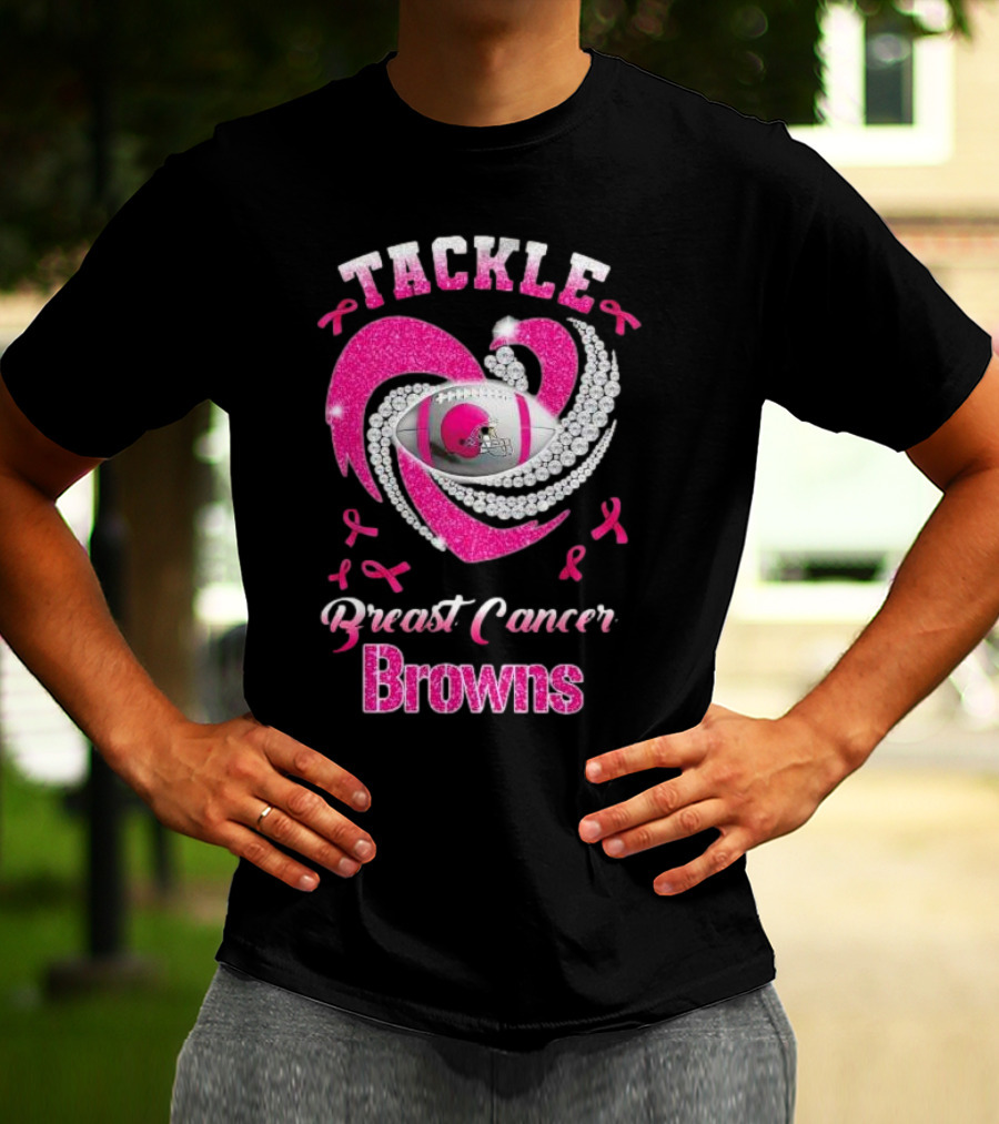 Tackle Breast Cancer Browns Pink Ribbon Football T-Shirt