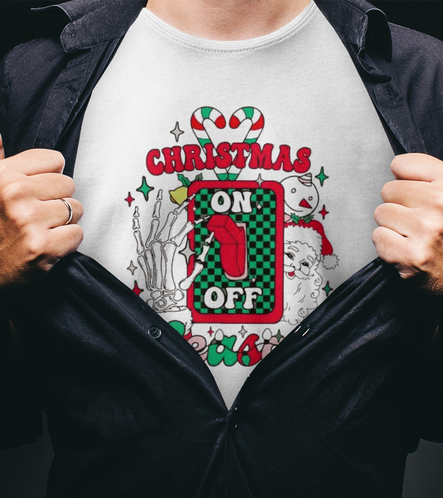 Christmas Season On Off Skeleton Hand Santa Claus T-Shirt