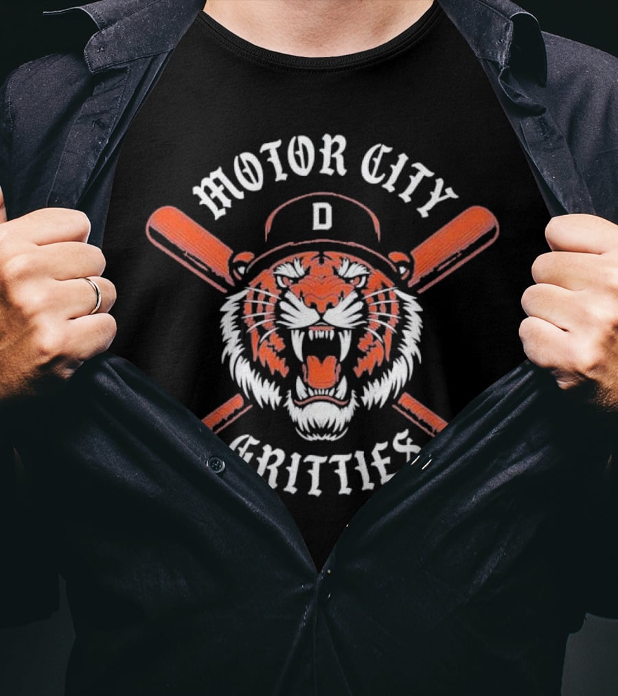 Motor City Gritties Detroit Tigers Baseball Tiger Logo With Crossed Bats T-Shirt
