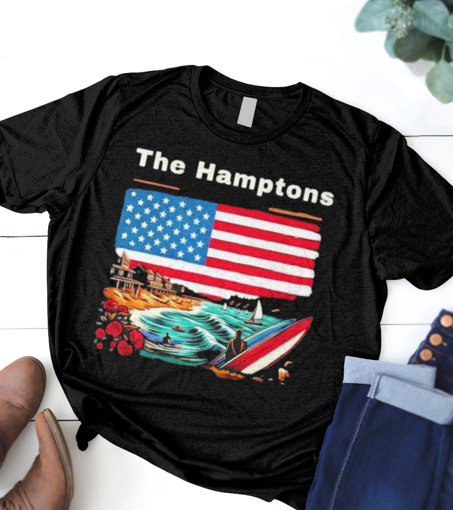 The Hamptons American Flag Beach Oceanside Surfing Scene T-Shirt
