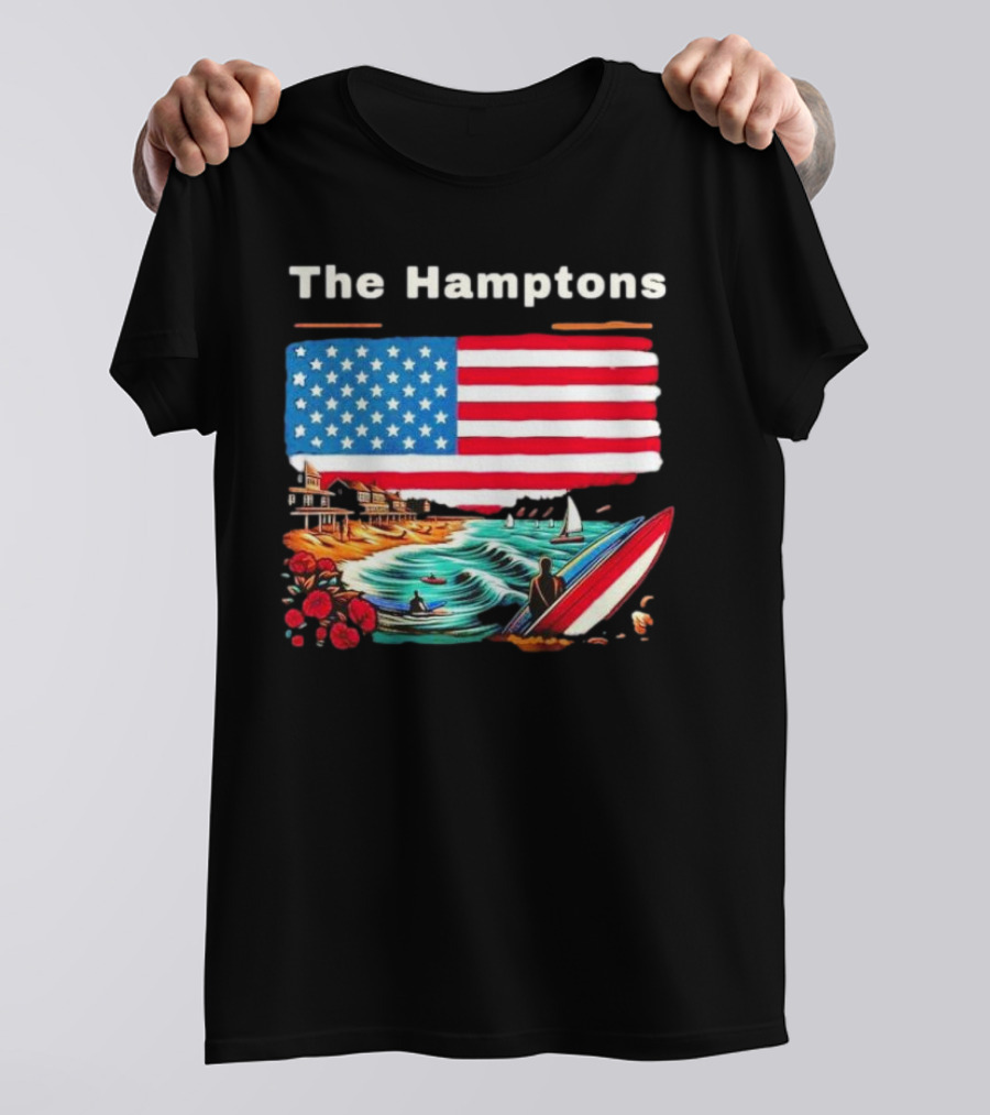 The Hamptons American Flag Beach Oceanside Surfing Scene T-Shirt