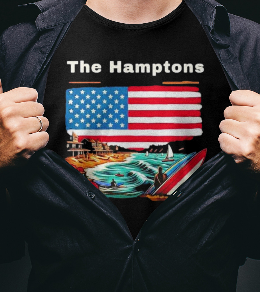 The Hamptons American Flag Beach Oceanside Surfing Scene T-Shirt