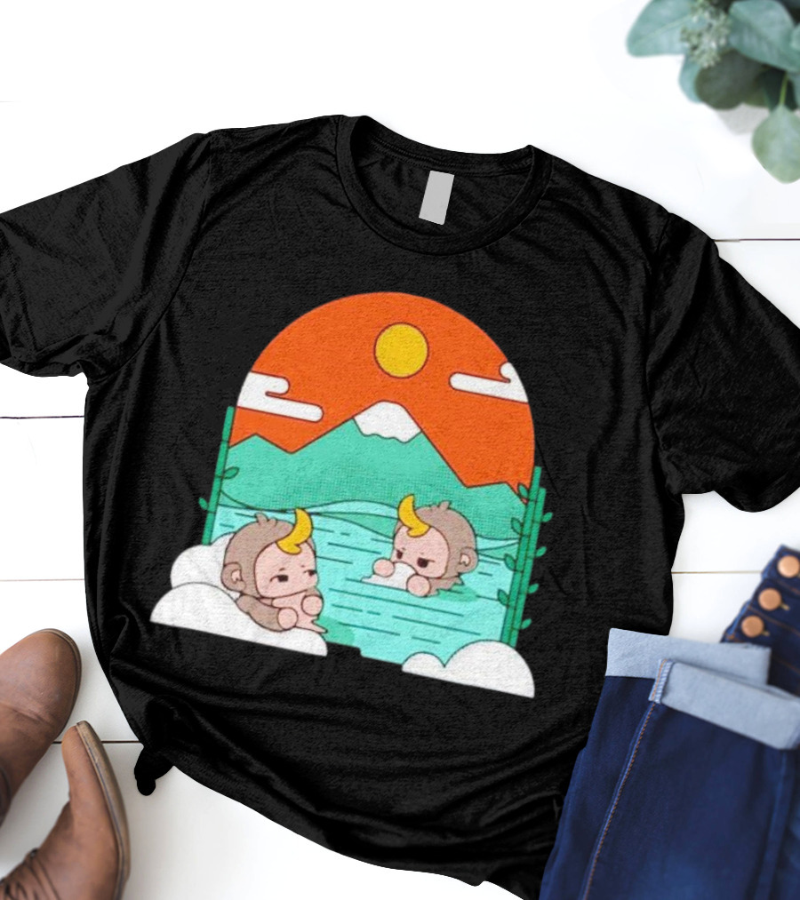 The Tranquil Monkey Hot Spring Relaxation Scene With Mountains And Sun T-Shirt