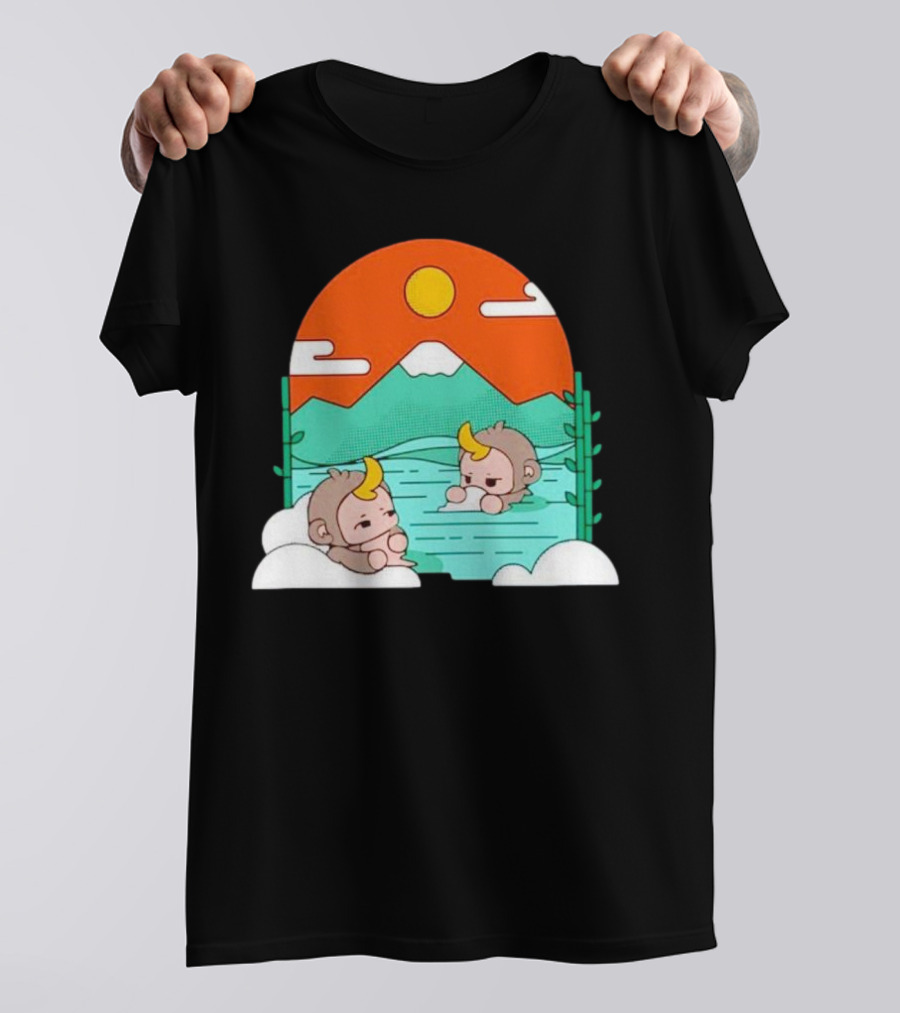The Tranquil Monkey Hot Spring Relaxation Scene With Mountains And Sun T-Shirt