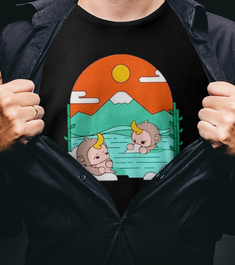 The Tranquil Monkey Hot Spring Relaxation Scene With Mountains And Sun T-Shirt